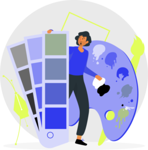 Ilustración de una persona con paletas de colores y pintura.