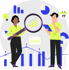 Ilustración de dos personas definiendo una estrategia.