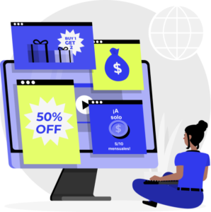 Ilustración de chica frente a una pantalla con publicidad